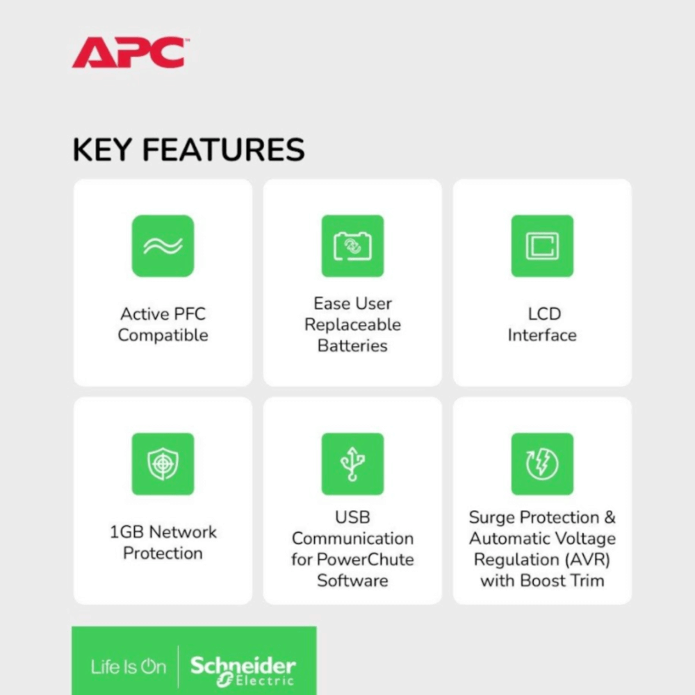 เครื่องสำรองไฟฟ้า APC 650VA 390 วัตต์ รุ่น BR650MI-3Y EASY UPS 6 ช่อง ป้องกัน ไฟตก ไฟเกิน